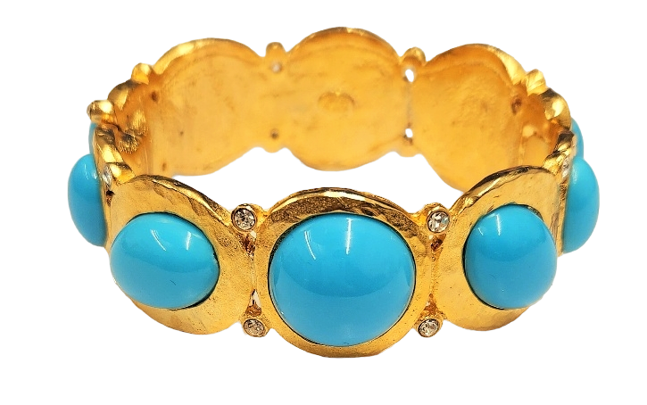 Satin Gold with Crystal & Turquoise Cabs Hinged Bangle