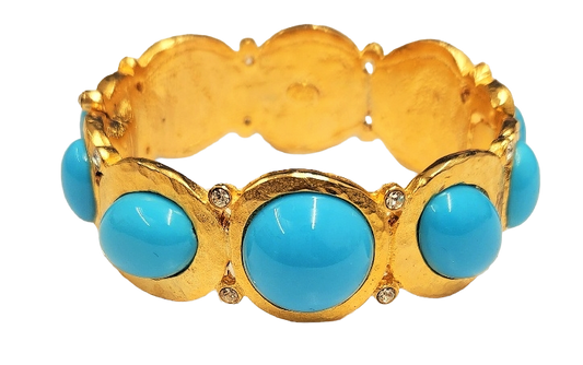 Satin Gold with Crystal & Turquoise Cabs Hinged Bangle