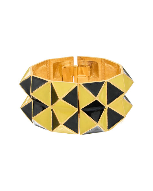 Gold with 2 Row Black & Yellow Enamel Pyramids Hinged Bracelet