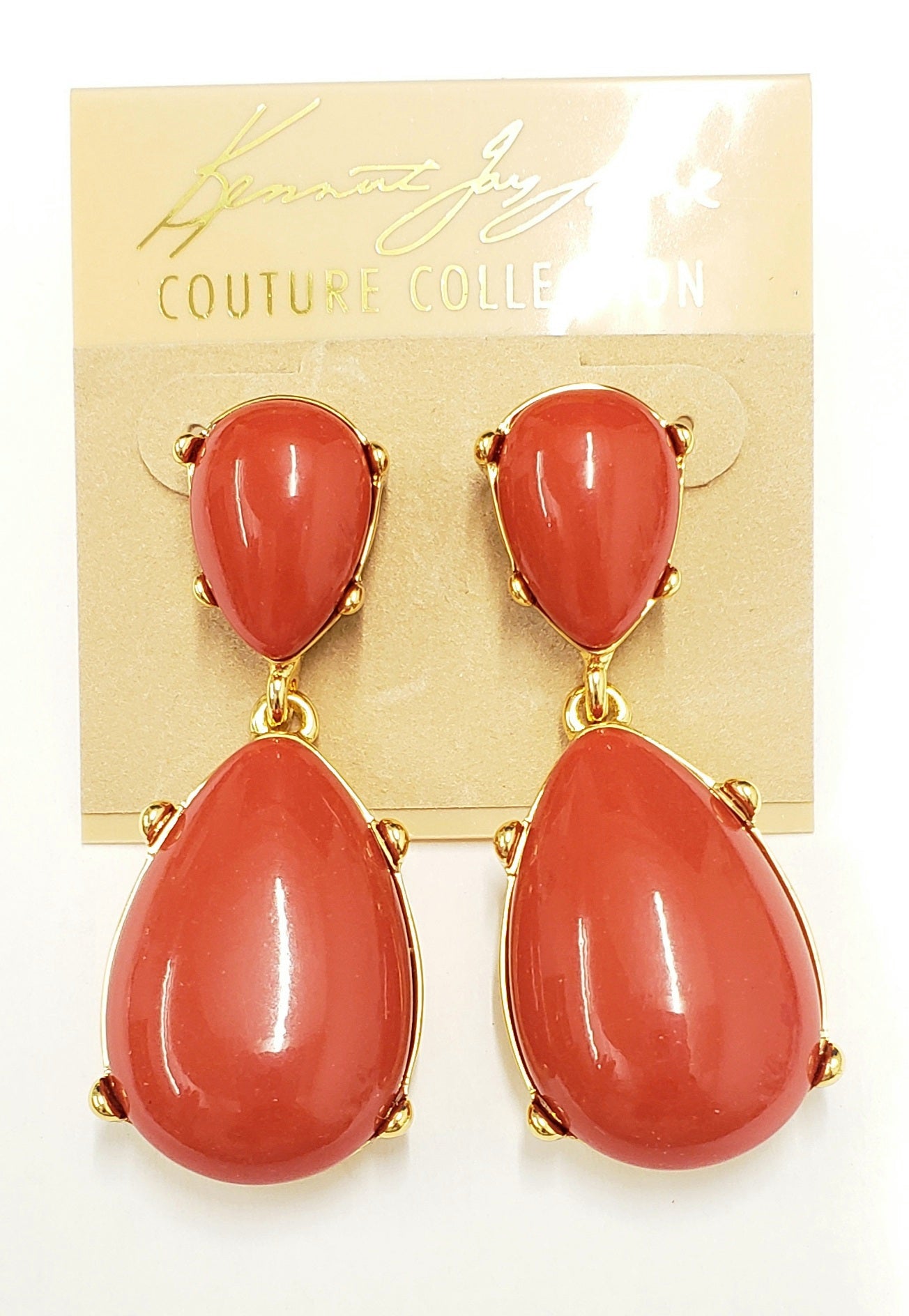 Gold- Dark Coral Resin Teardrop Cabochon Clip earring