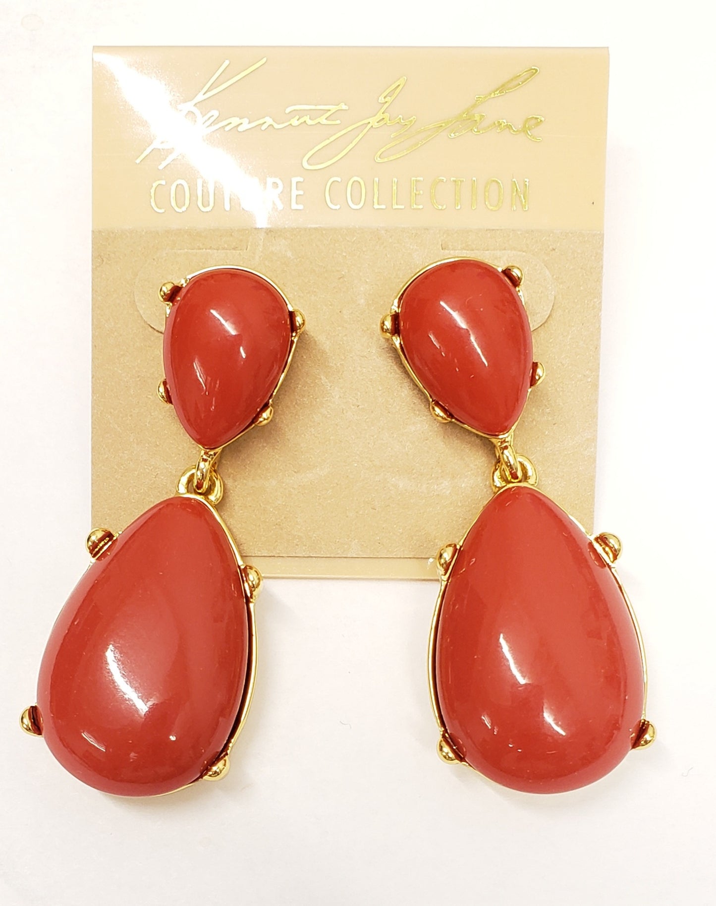 Gold- Dark Coral Resin Teardrop Cabochon Pierced Earring