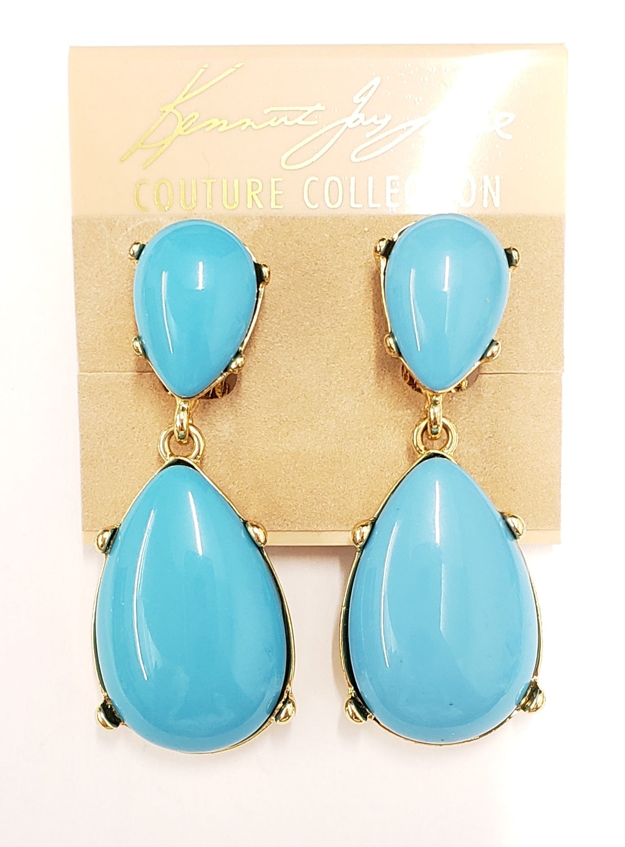 Gold- Turquoise Resin Teardrop Cabochon Clip Earring