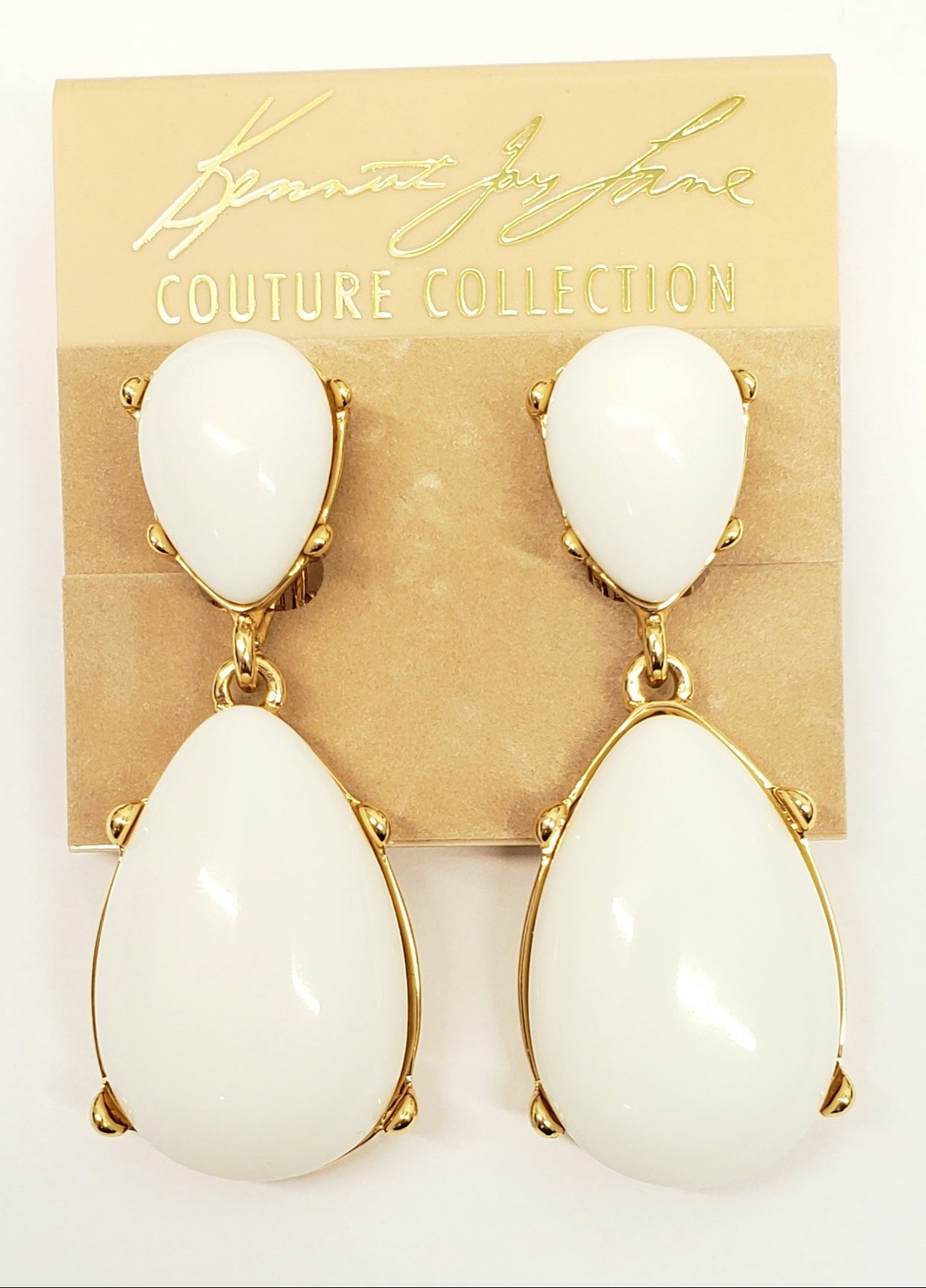 Gold- White Resin Teardrop Cabochon Clip earring