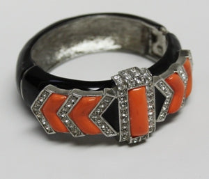 Black Enamel Rhodium-Rhinestone-Coral Deco Hinged Bracelet