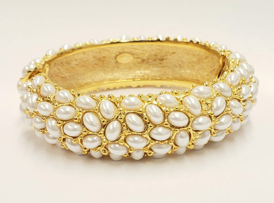 3" Wide Gold Light Cultura Pearl Oval Cabochons Hinged Bracelet