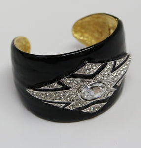 Black Enamel With Silver Crystal Center Cuff