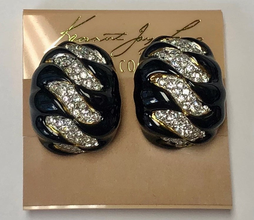 Gold Black Enamel and Crystals Chubby Clip Earring