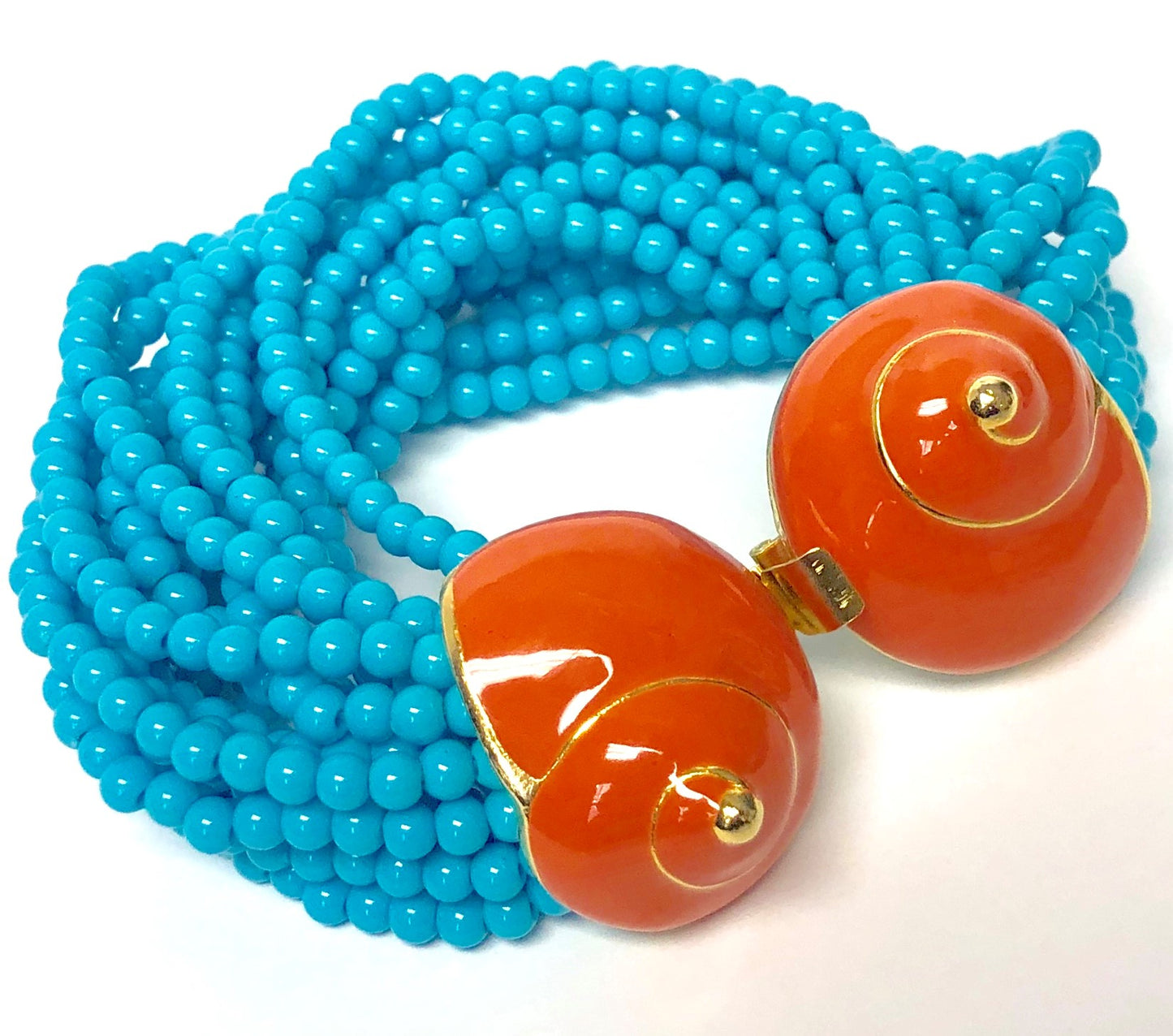 Gold Coral Shell Clasp With15 Row Turquoise Beads Bracelet