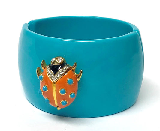 Turquoise Gold -Black-Coral Enamel-Turquoise Dots-Crystals Ladybug Bracelet