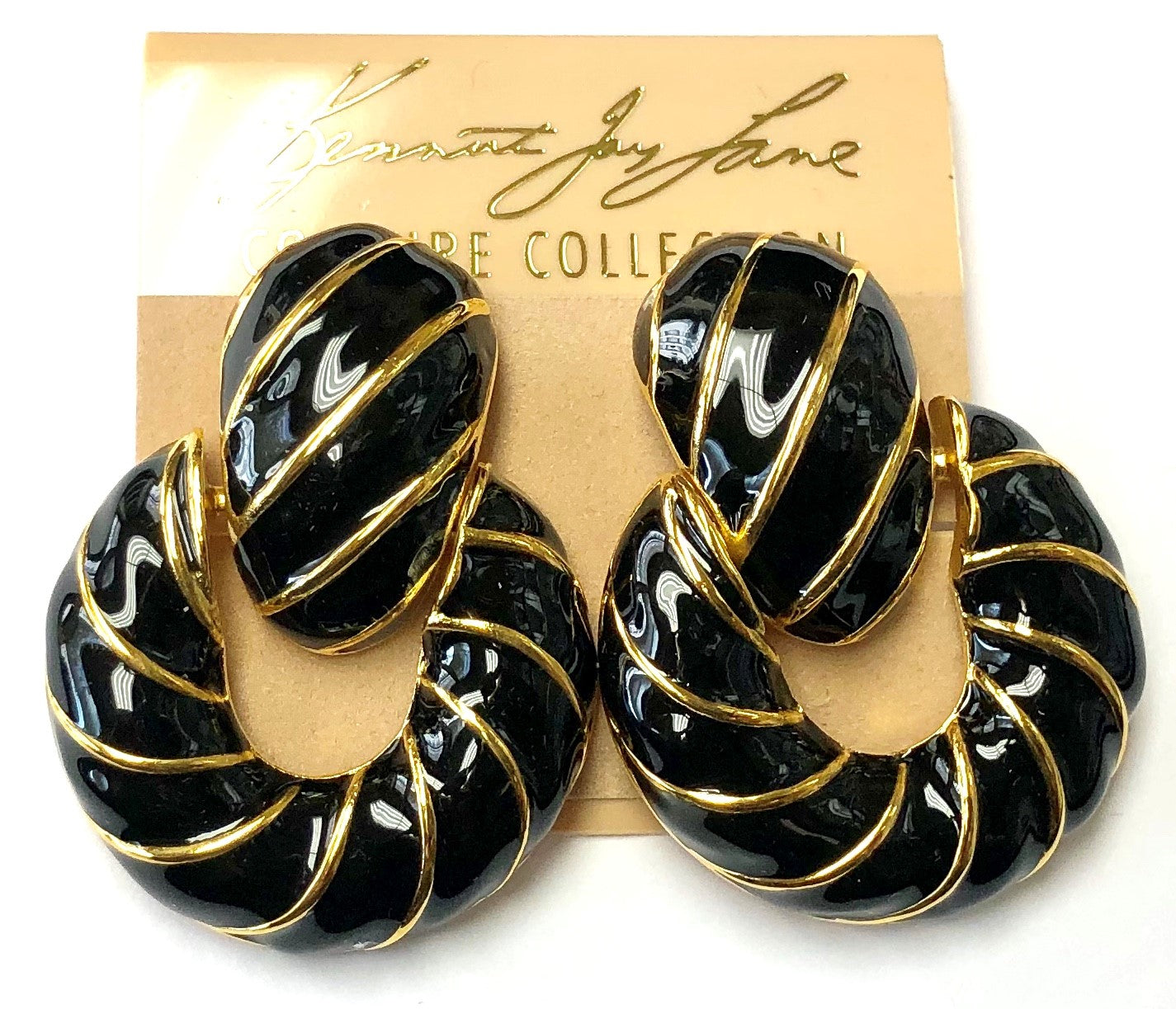 Gold Black Enamel Doorknocker Clip Earring