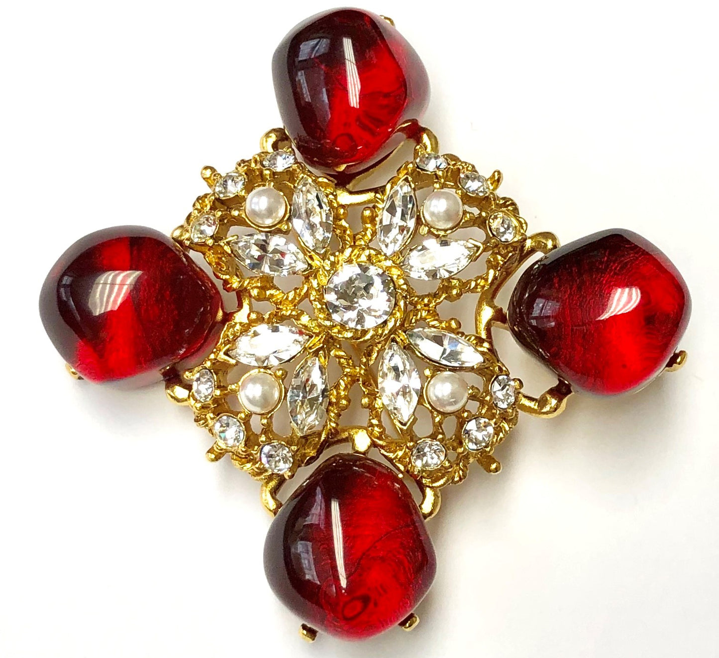 Antique Gold Crystal Pearl And Ruby Stations Pin-Pendant