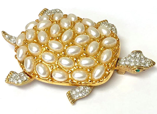 Gold Two Tone Crystals And Pearls Turtle Pin