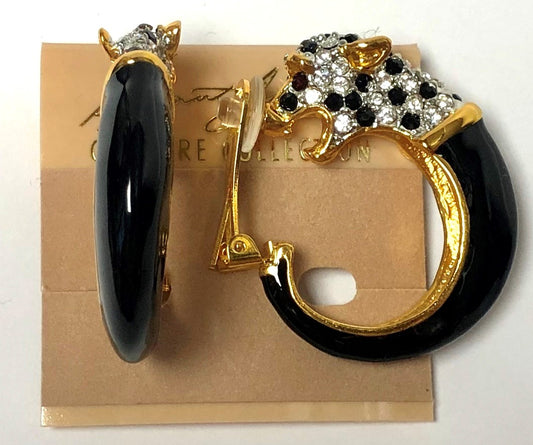 Jet and Crystal Pave Black Enamel Panther Head Clip Earring