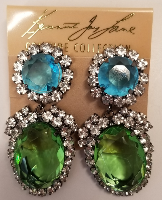 Gunmetal Crystal Setting Aqua Peridot Drop Clip Earrings