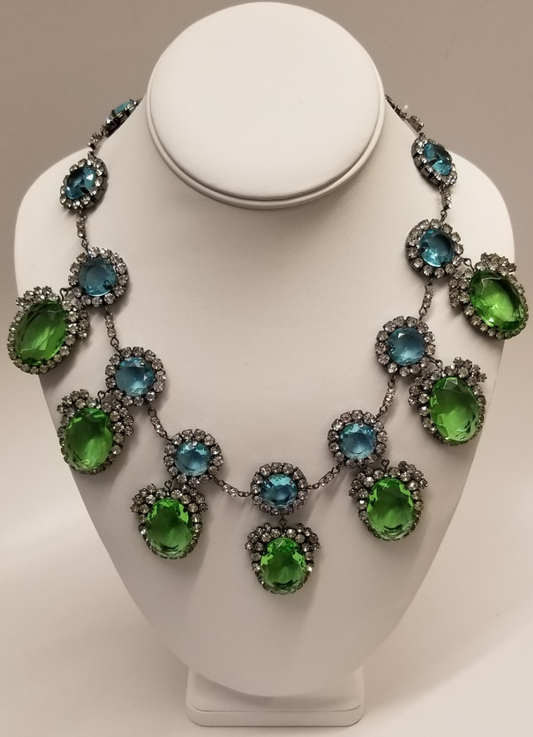 20" Gunmetal-Crystal Frame Aqua Top-Peridot Bottom Drop Necklace