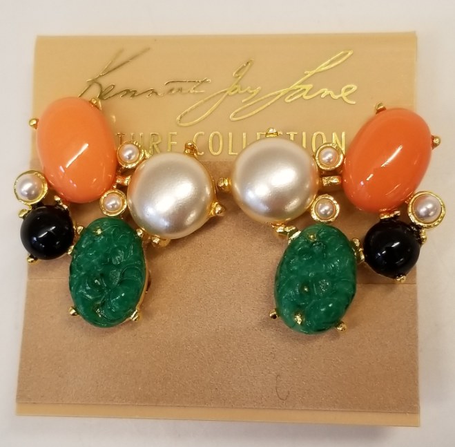 Jade and Black and Coral and Pearl Cluster Clip Earring