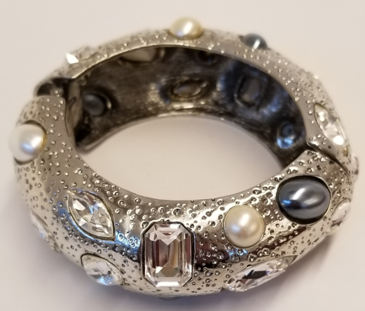 light antique silver hinged bracelet w- white and grey pearls and crystals