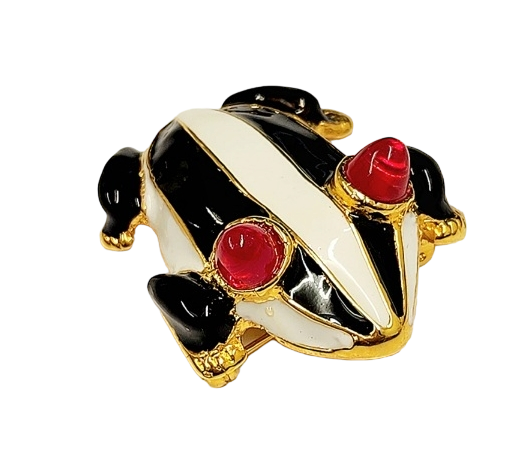 Gold Base Black-White Enamel With Ruby Eyes Frog Pin