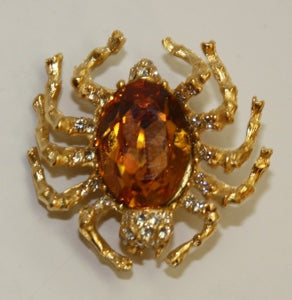 Gold Topaz Center Crystals Spider Pin