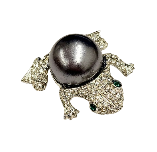 Silver-Crystal With Light Grey Pearl Frog Pin