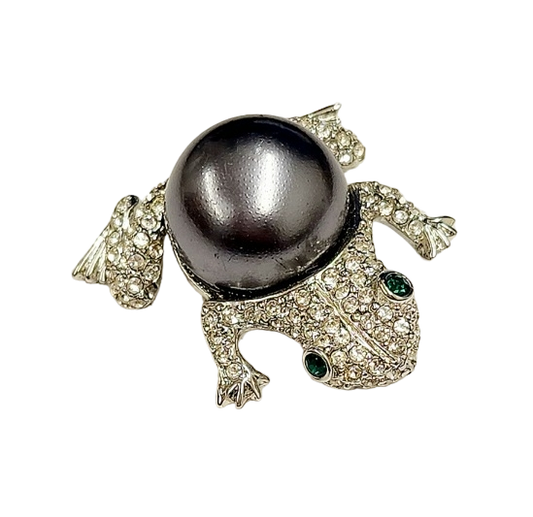Silver-Crystal With Light Grey Pearl Frog Pin