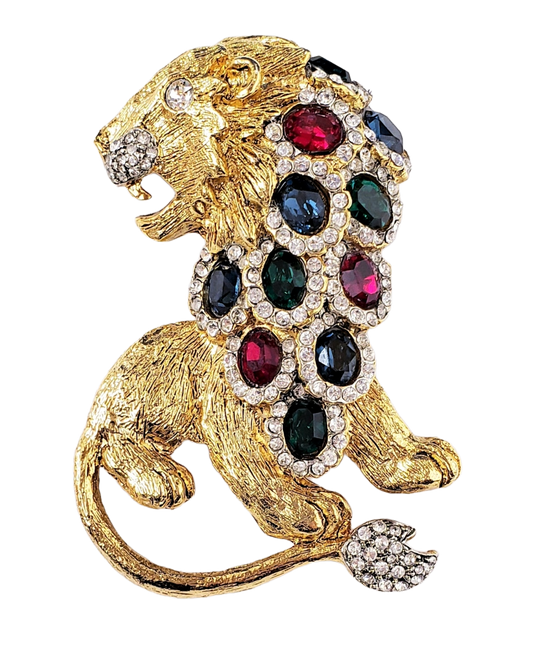 3" Gold Two Toned Rhinestone Faceted with Sapphire Emerald Ruby Gemstone Lion Pin