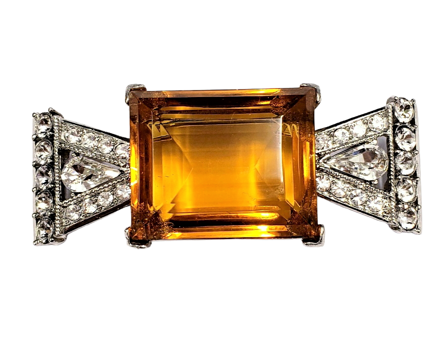 2.5"x1" Rhodium & Rhinestone with Topaz Rectangle Center Stone Deco Pin