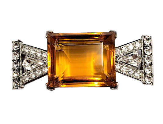 2.5"x1" Rhodium & Rhinestone with Topaz Rectangle Center Stone Deco Pin