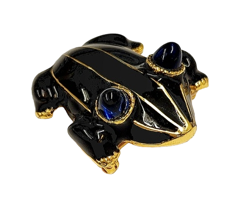 Gold Base Black Enamel Frog With Sapphire Eyes