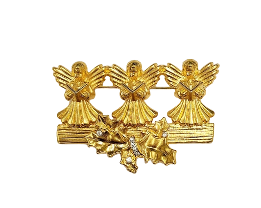 Gold with Rhinestone Triple Angels Pin