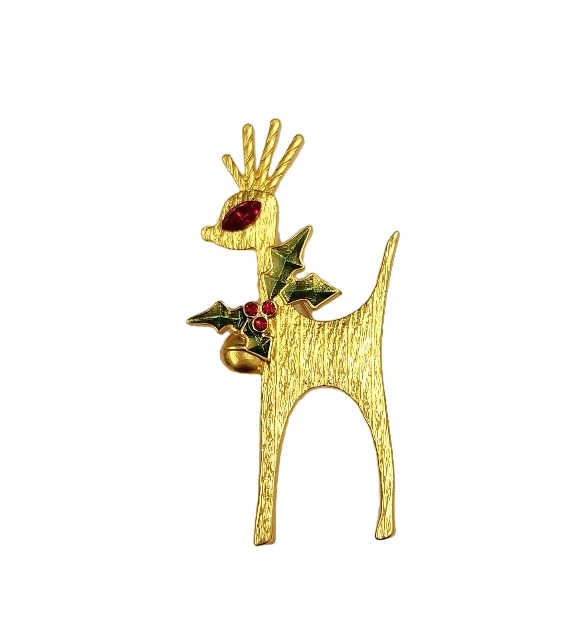 2.5" x 1.25" Gold with Ruby Eye Reindeer Pin