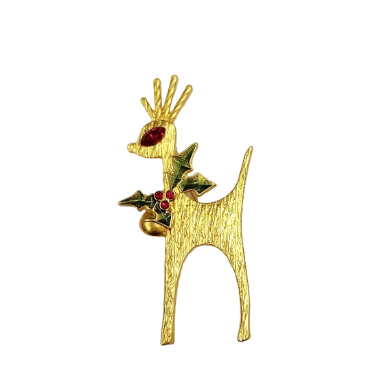 2.5" x 1.25" Gold with Ruby Eye Reindeer Pin