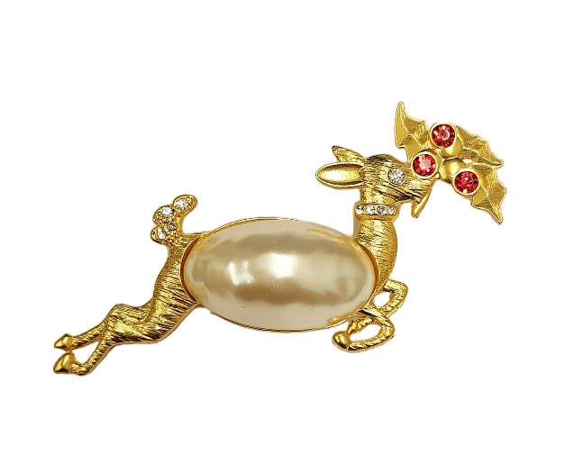 Gold Flying Reindeer Pin with Faux Pearl Body and Ruby Stones