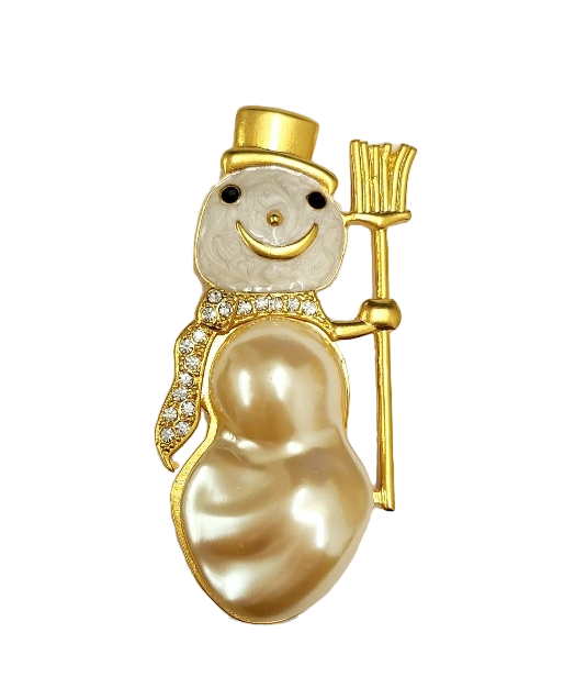 2.75" x 1.25" Gold- Rhinestone Snowman Pin with 40mm Faux Pearl Body