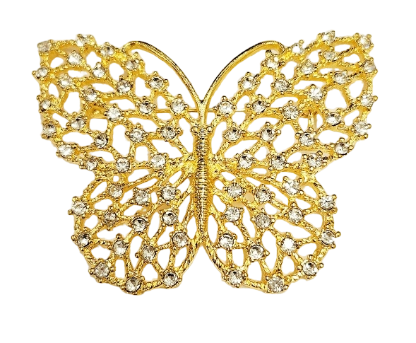 2.5" x 2" Gold with Rhinestone Open Work Butterfly Pin