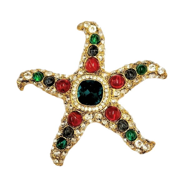 Light Antique Gold with Ruby- Sapphire- Emerald & Emerald Center Crystal Starfish Pin