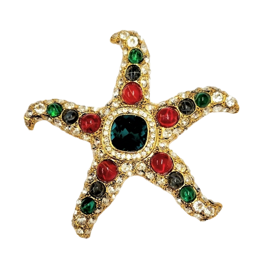 Light Antique Gold with Ruby- Sapphire- Emerald & Emerald Center Crystal Starfish Pin