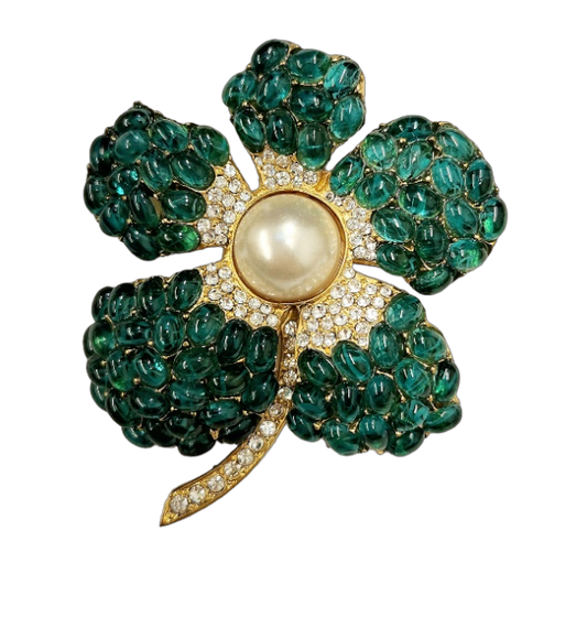 Gold with Rhinestone & Flaw Emerald Cabochon Pearl Center Flower pin