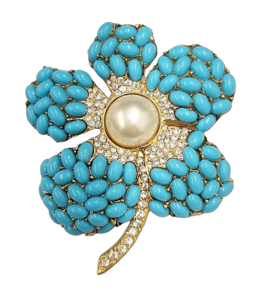 Gold with Rhinestone & Turquoise Cabochon Pearl Center Flower Pin
