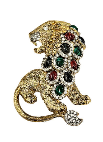 3" Gold Rhinestone with Flaw Emerald-Ruby-Sapphire Cabochon Lion Pin