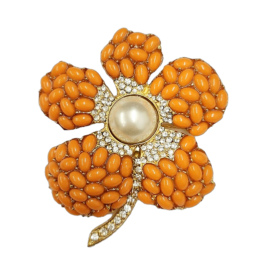 Gold with Rhinestone & Coral Cabochon Pearl Center Flower Pin