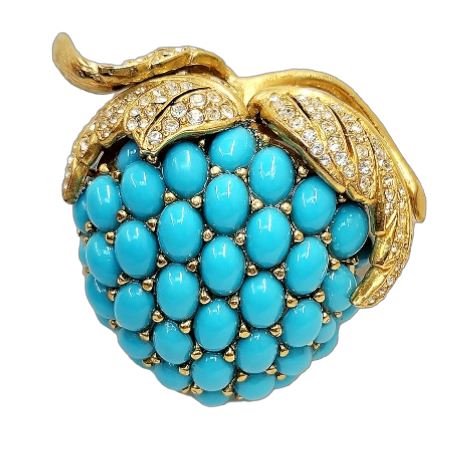 2" Gold with Crystal Leaves Turquoise Cabochons Strawberry Pin