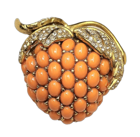 2" Gold with Crystal Leaves Coral Cabochons Strawberry Pin