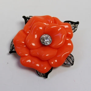 Coral Resin Flower Pin Black Line and Crystals Leaves