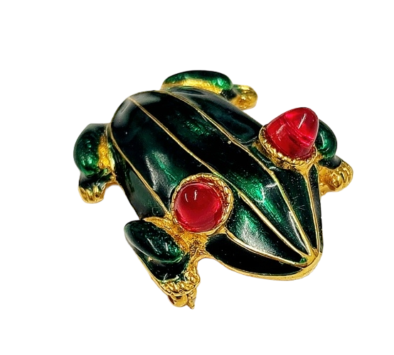 Gold Base Transparent Green Enamel With Ruby Eyes Frog Pin