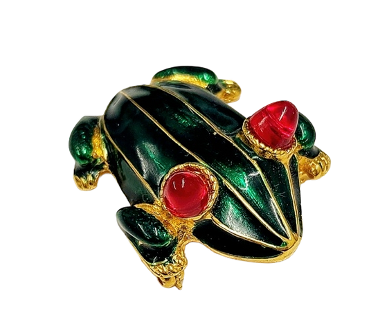 Gold Base Transparent Green Enamel With Ruby Eyes Frog Pin