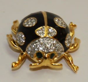 Black Enamel-Rhinestone Spots Ladybug Pin