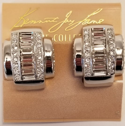 Silver Crystal Baguette Clip Earrings