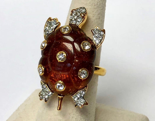 Tortoise and Crystal Dots Turtle Adjustable Ring