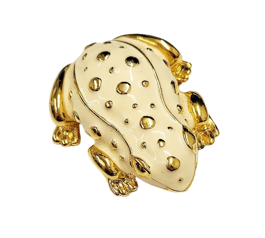 Gold White Enamel Frog Pin